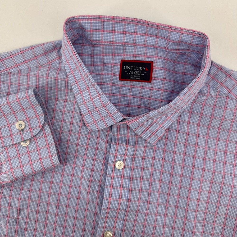 UNTUCKit Button Down Shirt Mens XXL Blue Pink Plaid Slim Fit Wrinkle Free Long